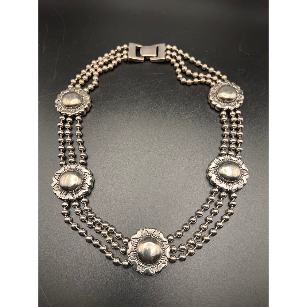 Vintage silver tone metal bold necklace 3 strand medallions Southwest statement